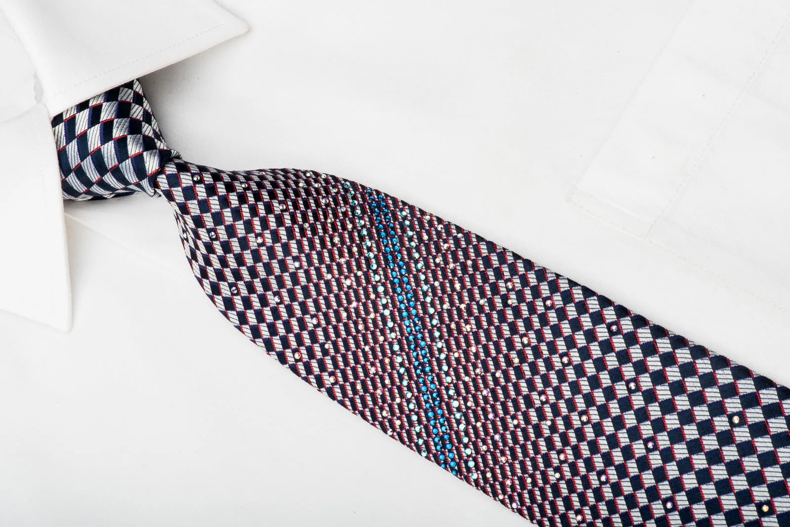 Daks Rhinestone Silk Necktie Silver Navy Checkered