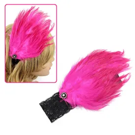 Girls Black Lace Stretch Hairband with Large Hotpink Feather Piece & Rhinestones