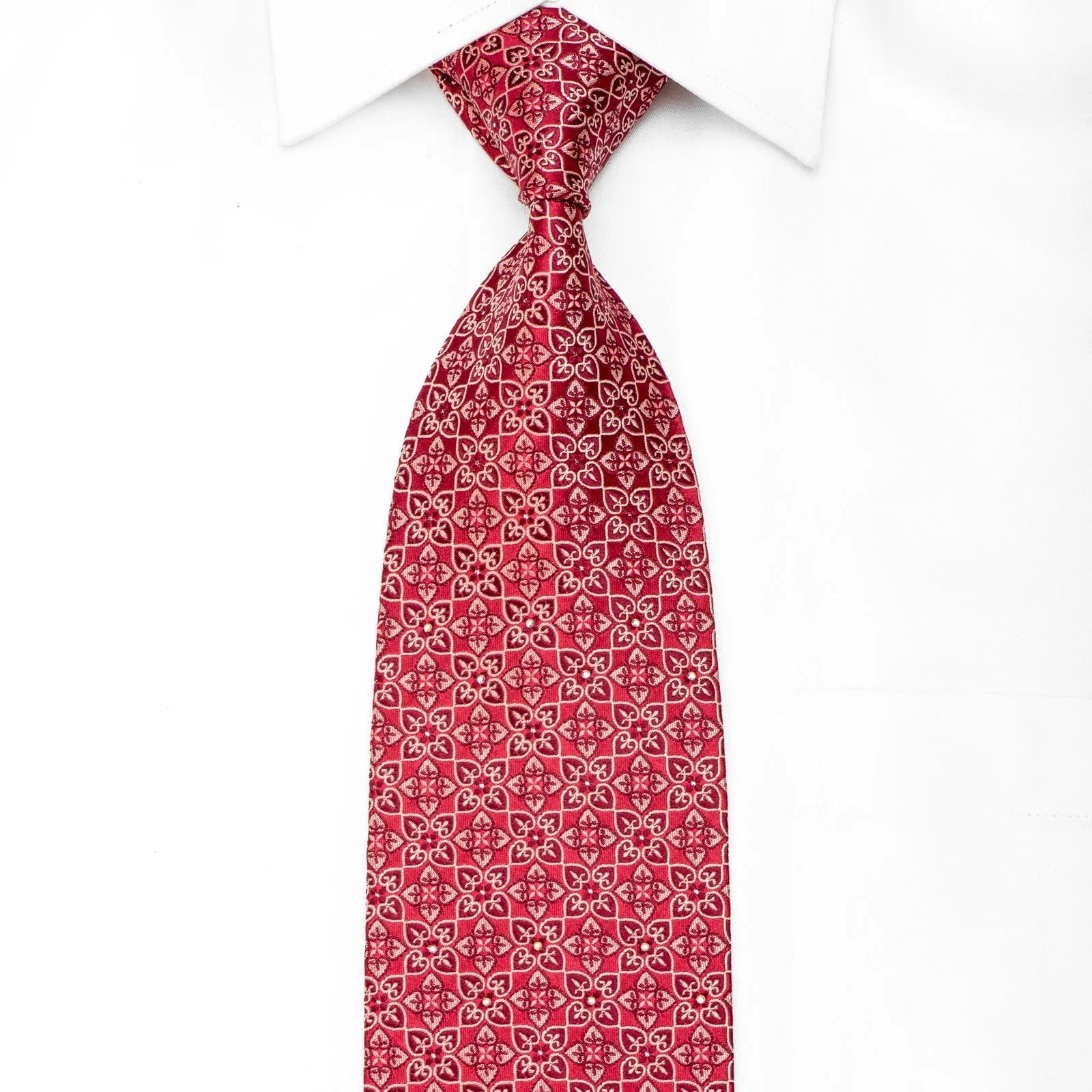 Guy Laroche Men's Crystal Silk Tie Cartouche On Red With Silver Sparkles