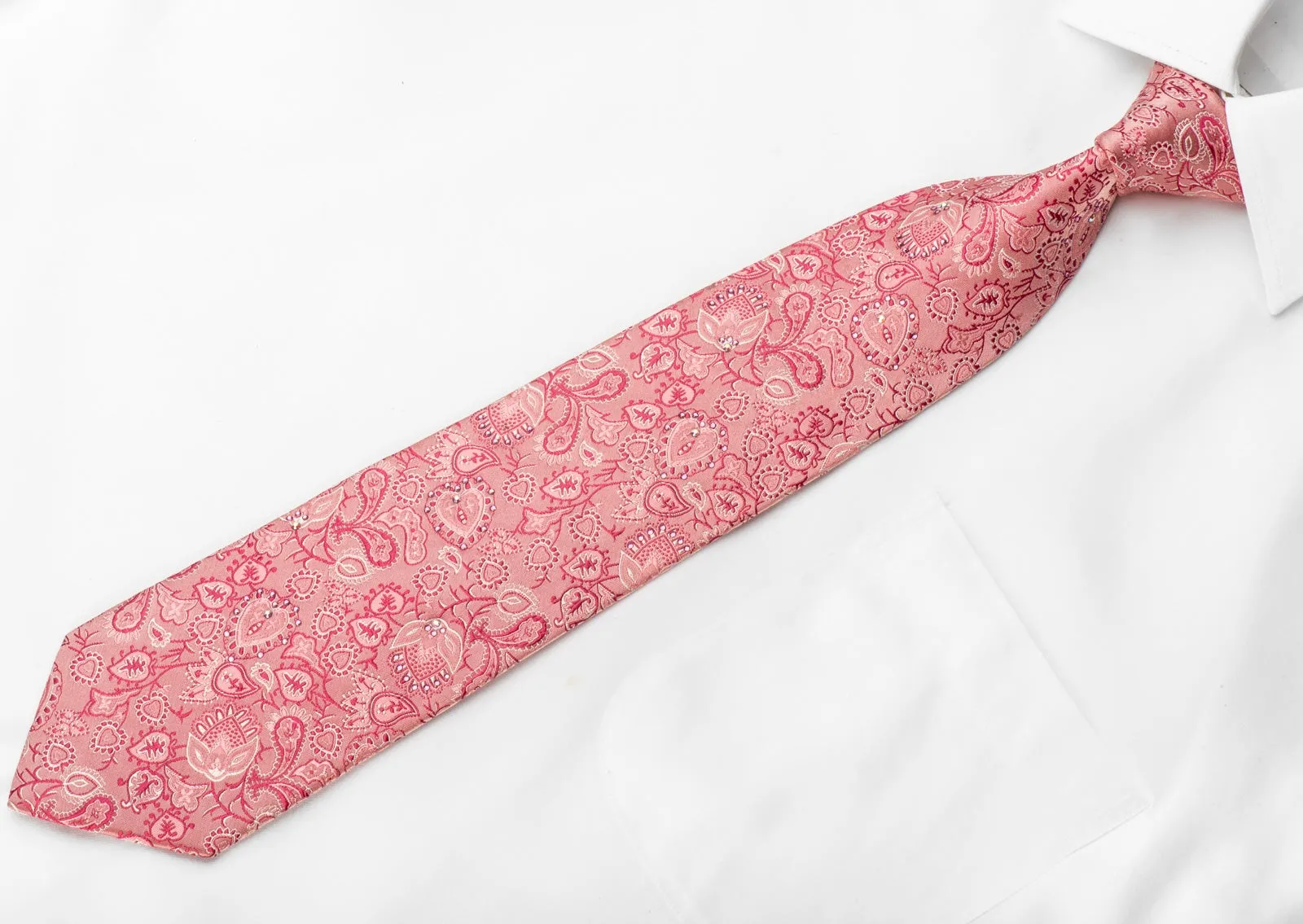 Lancetti Men's Crystal Tie Paisley On Pink Silk With Silver Sparkles