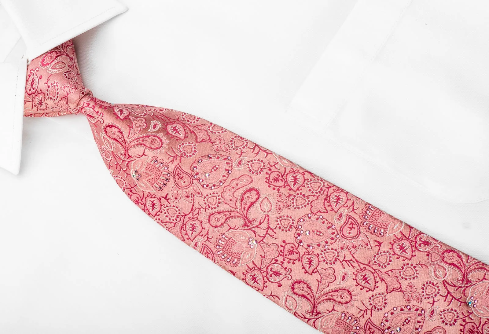 Lancetti Men's Crystal Tie Paisley On Pink Silk With Silver Sparkles