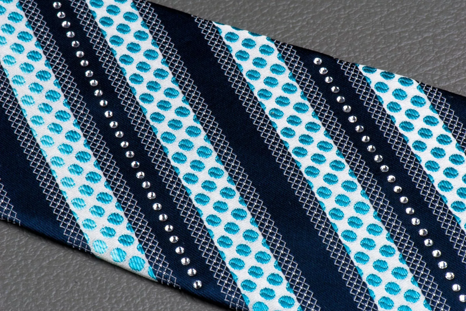 MCM Men's Rhinestone Silk Neck Tie Navy Blue Stripes On White With Sky Blue Dots