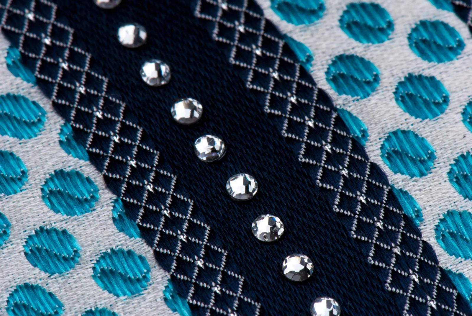 MCM Men's Rhinestone Silk Neck Tie Navy Blue Stripes On White With Sky Blue Dots