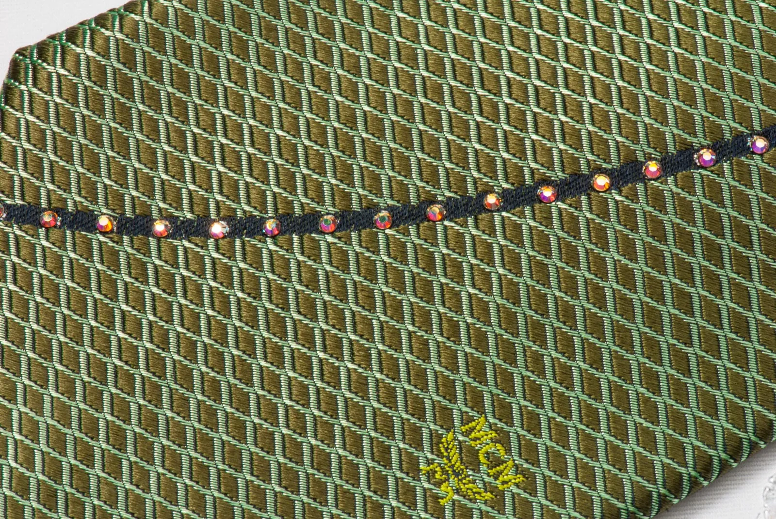 MCM Men's Silk Rhinestone Tie Green Waves & Geometric Design