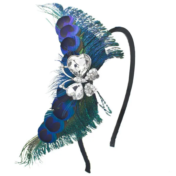 Peacock Feather Butterfly Adjustable Removable Hairband w/ Rhinestones