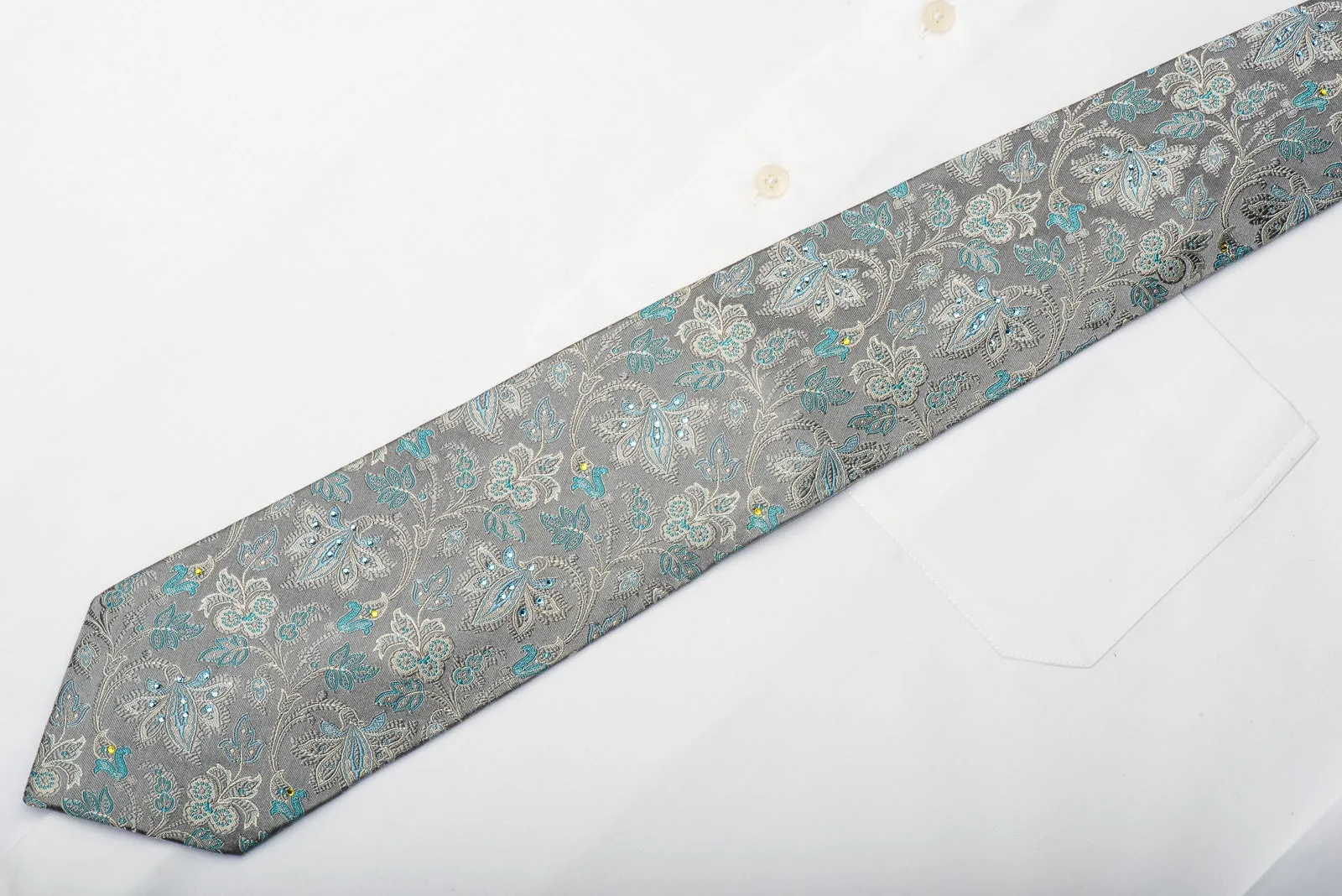 Pierre Cardin Men's Silk Necktie Acanthus On Silver Sparkling With Rhinestones