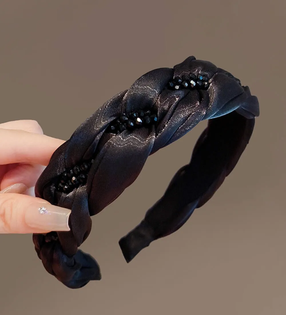 Twist Solid Black Headband with Rhinestones