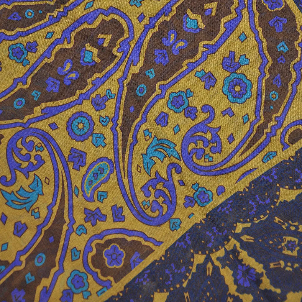 Wool Silk Paisley Leaf with Floret Border Large Square in Mustard & Blue