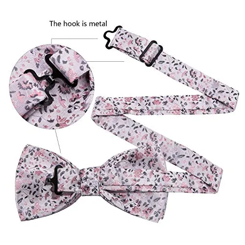 YOHOWA Mens Bow Tie Pink Grey Floral Pre-Tied Bowties Pocket Square Cufflinks Set Formal Wedding Party Prom