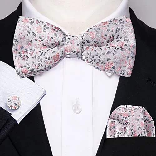 YOHOWA Mens Bow Tie Pink Grey Floral Pre-Tied Bowties Pocket Square Cufflinks Set Formal Wedding Party Prom
