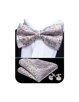 YOHOWA Mens Bow Tie Pink Grey Floral Pre-Tied Bowties Pocket Square Cufflinks Set Formal Wedding Party Prom