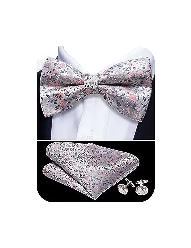 YOHOWA Mens Bow Tie Pink Grey Floral Pre-Tied Bowties Pocket Square Cufflinks Set Formal Wedding Party Prom