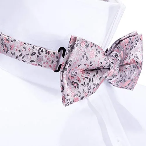 YOHOWA Mens Bow Tie Pink Grey Floral Pre-Tied Bowties Pocket Square Cufflinks Set Formal Wedding Party Prom