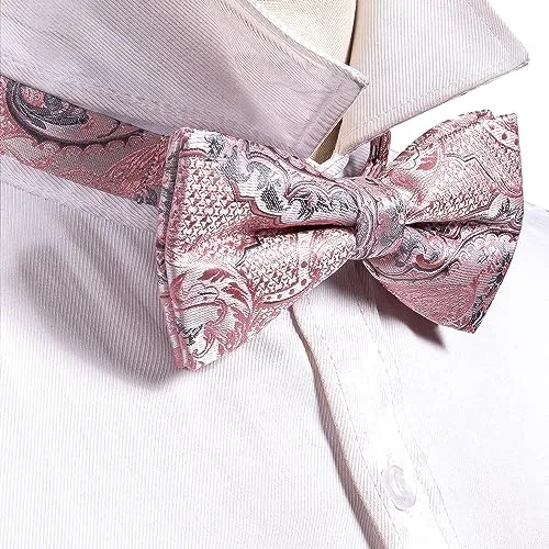 YOHOWA Men's Pink Grey Pre-Tied Bow Tie Formal Silk Adjustable Colorful Bowties for Men/Boys Handkerchief Cufflinks Set