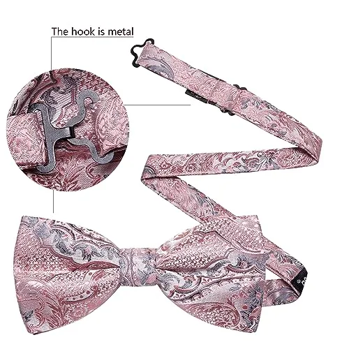 YOHOWA Men's Pink Grey Pre-Tied Bow Tie Formal Silk Adjustable Colorful Bowties for Men/Boys Handkerchief Cufflinks Set