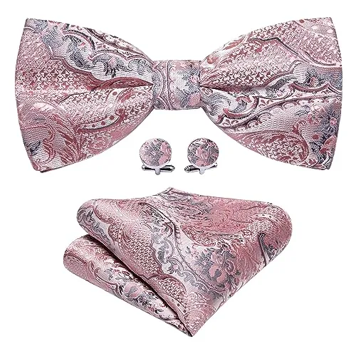 YOHOWA Men's Pink Grey Pre-Tied Bow Tie Formal Silk Adjustable Colorful Bowties for Men/Boys Handkerchief Cufflinks Set