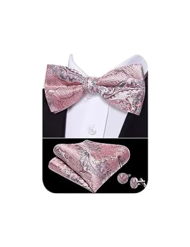 YOHOWA Men's Pink Grey Pre-Tied Bow Tie Formal Silk Adjustable Colorful Bowties for Men/Boys Handkerchief Cufflinks Set