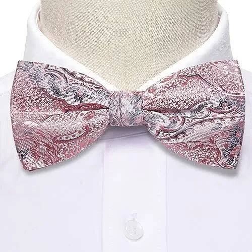 YOHOWA Men's Pink Grey Pre-Tied Bow Tie Formal Silk Adjustable Colorful Bowties for Men/Boys Handkerchief Cufflinks Set