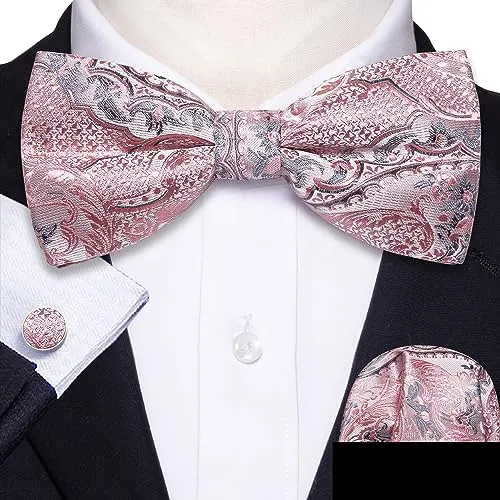 YOHOWA Men's Pink Grey Pre-Tied Bow Tie Formal Silk Adjustable Colorful Bowties for Men/Boys Handkerchief Cufflinks Set
